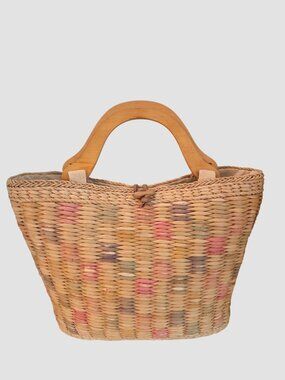 VTG Rare Woven Straw Basket‎ Bag Hand Crafted Wooden Handles Boho Pastel Mix